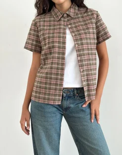 Motel Rocks Shirts And Blouses | Printed Tops-Gosanri Short Sleeve Shirt in Pink and Green Check