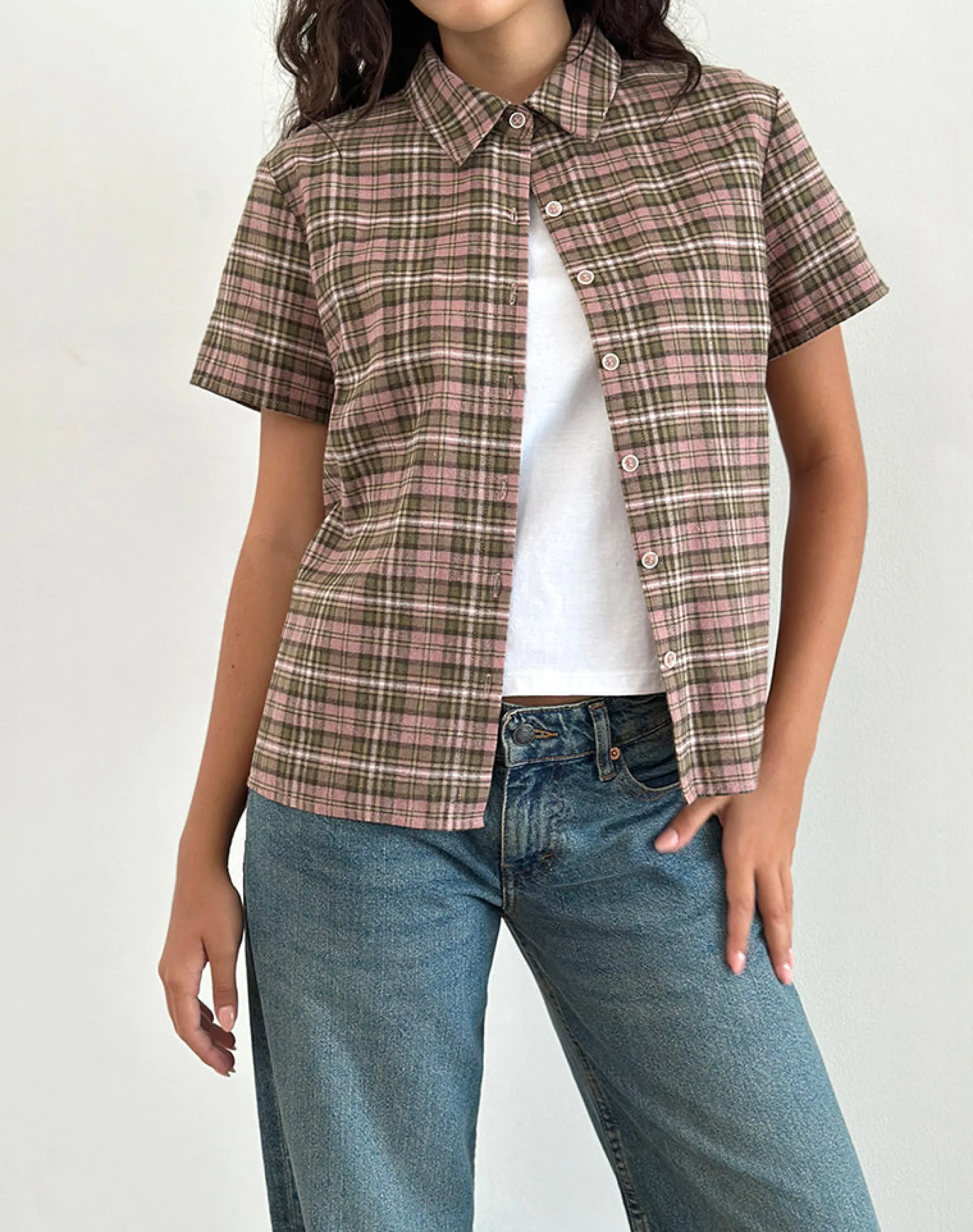 Motel Rocks Shirts And Blouses | Printed Tops-Gosanri Short Sleeve Shirt in Pink and Green Check