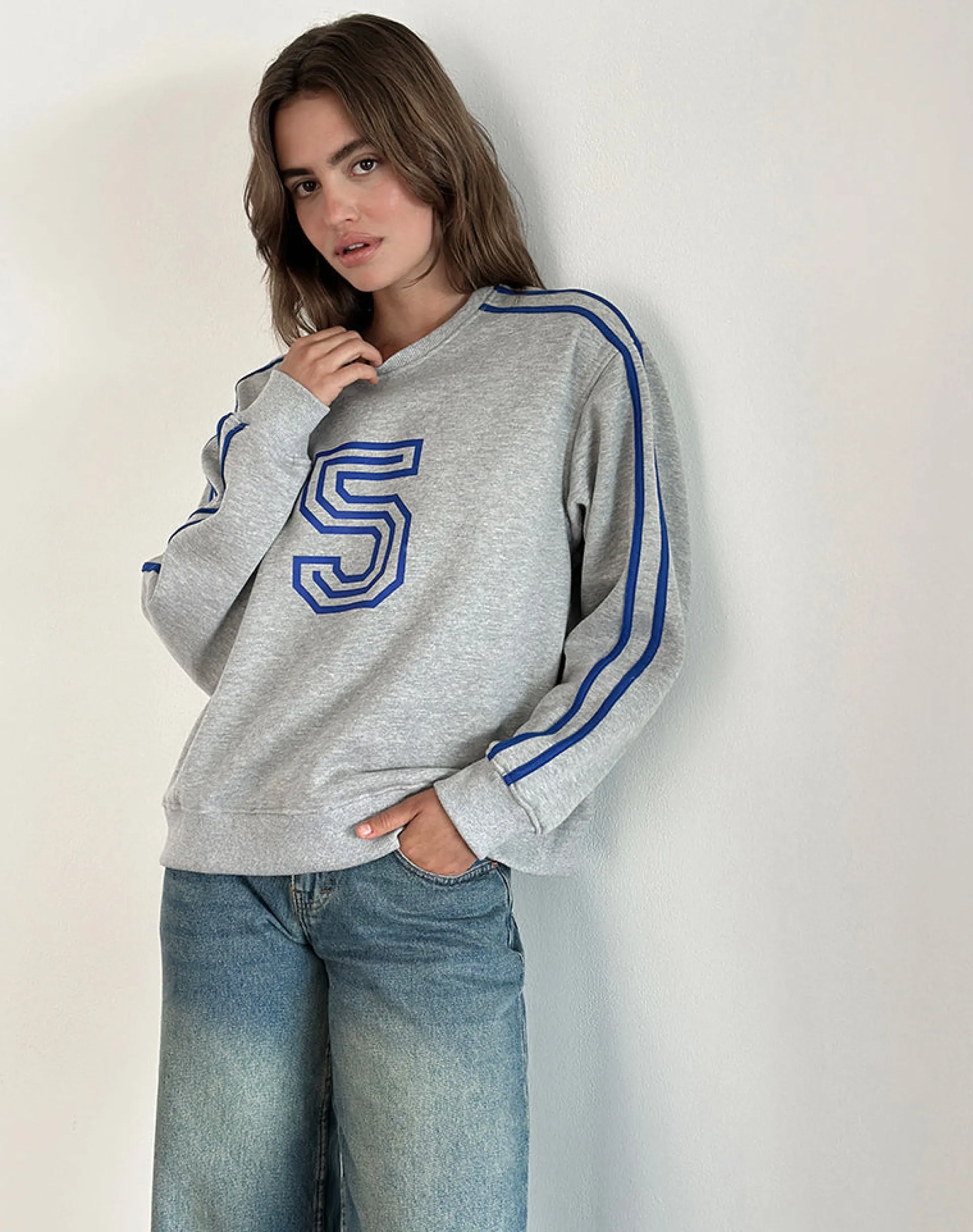 Motel Rocks Loungewear | Hoodies & Sweatshirts-Govel Sweatshirt in Grey Marl with Cobalt Blue 5 Motif