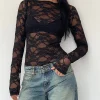 Motel Rocks Long Sleeve Tops | Lace Tops-Grizelda Backless Long Sleeve Top in Black Abstract Lace