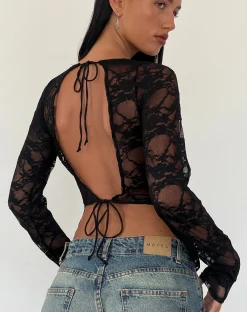 Motel Rocks Long Sleeve Tops | Lace Tops-Grizelda Backless Long Sleeve Top in Black Abstract Lace