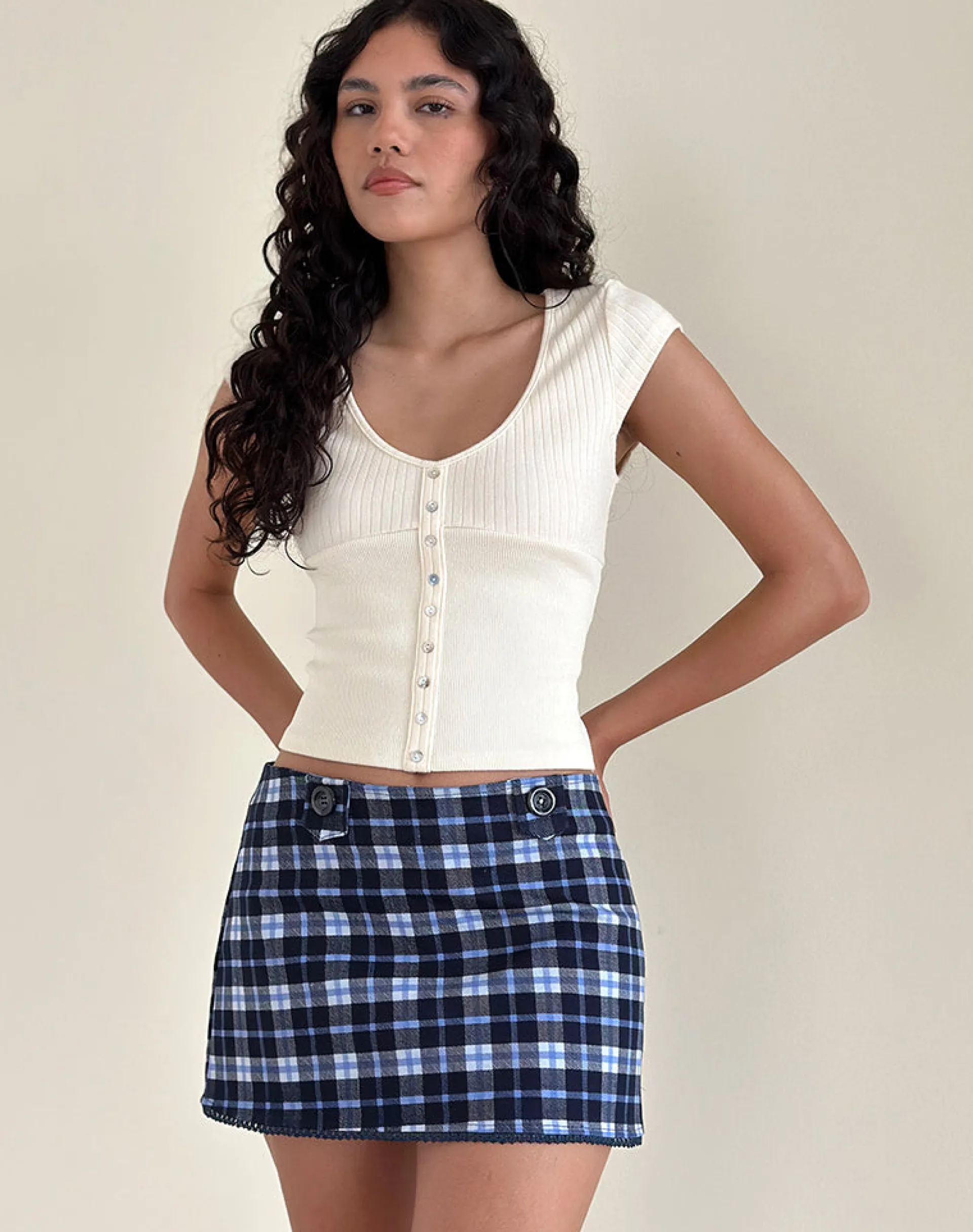 Motel Rocks A Line Skirts | Mini Skirts-Gwen Mini Skirt in Dark Blue Tartan