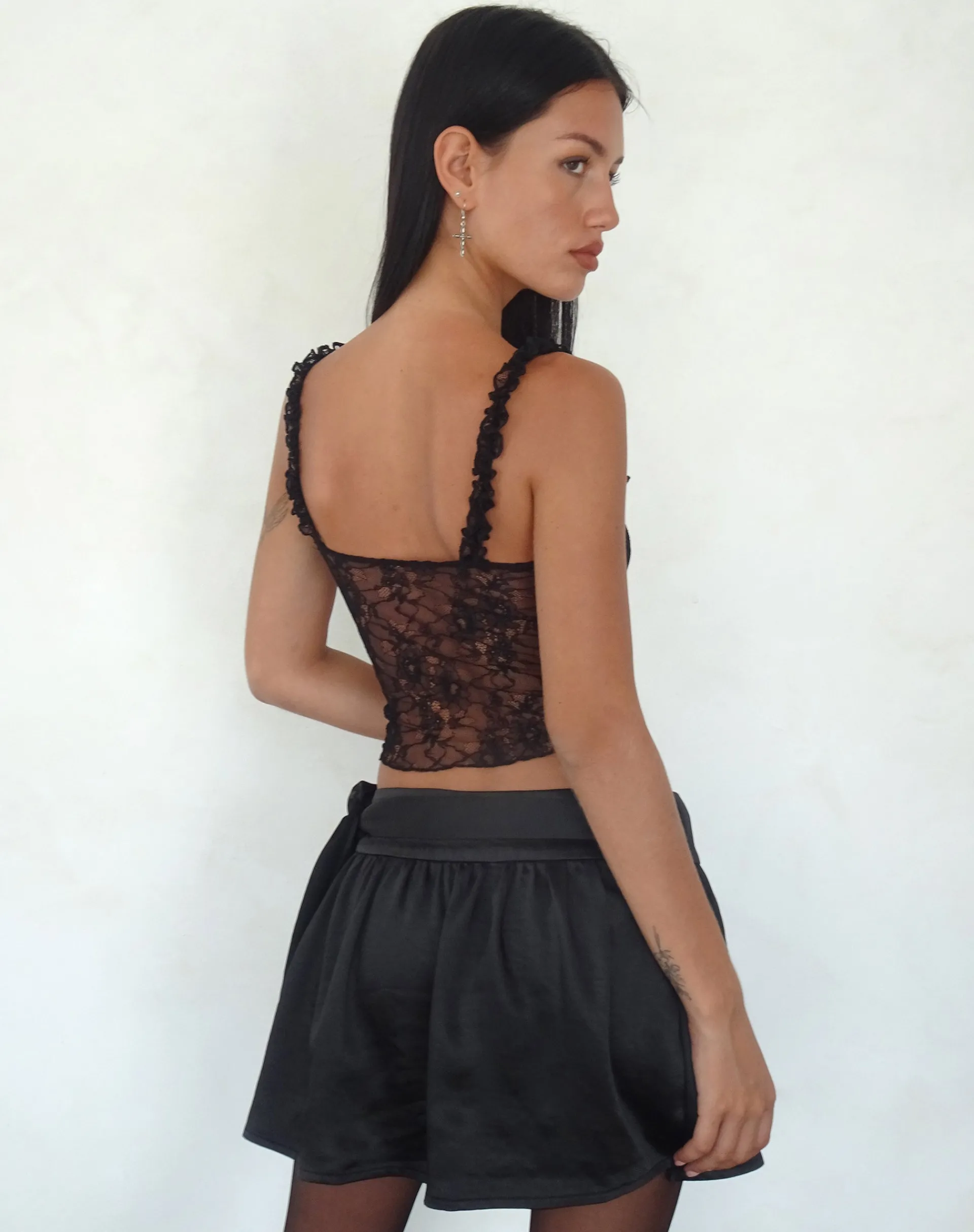 Motel Rocks Basics-Habema Wrap Mini Skirt in Satin Black