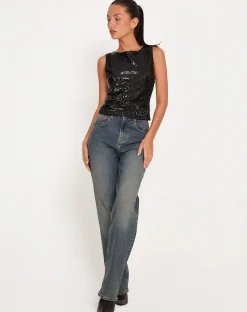 Motel Rocks Vest Tops | Sequin Tops-Hala Crop Vest Top in Black Sequin BlackSequin