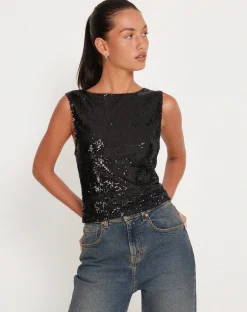 Motel Rocks Vest Tops | Sequin Tops-Hala Crop Vest Top in Black Sequin BlackSequin