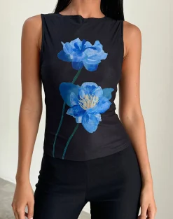 Motel Rocks Vest Tops | Printed Tops-Hala Top in Black with Blue Watercolour Flower BlackwithBlueWatercolourFlower