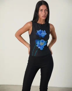 Motel Rocks Vest Tops | Printed Tops-Hala Top in Black with Blue Watercolour Flower BlackwithBlueWatercolourFlower