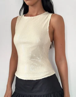 Motel Rocks Vest Tops | Going Out Tops-Hala Top in Nude Clear Tinted Sequin NudeClearTintedDisc