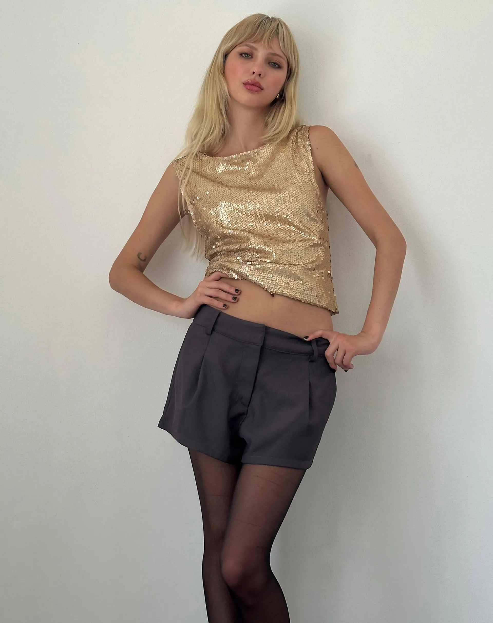 Motel Rocks Going Out Tops-Hala Vest Top in Gold Sequin goldsequin