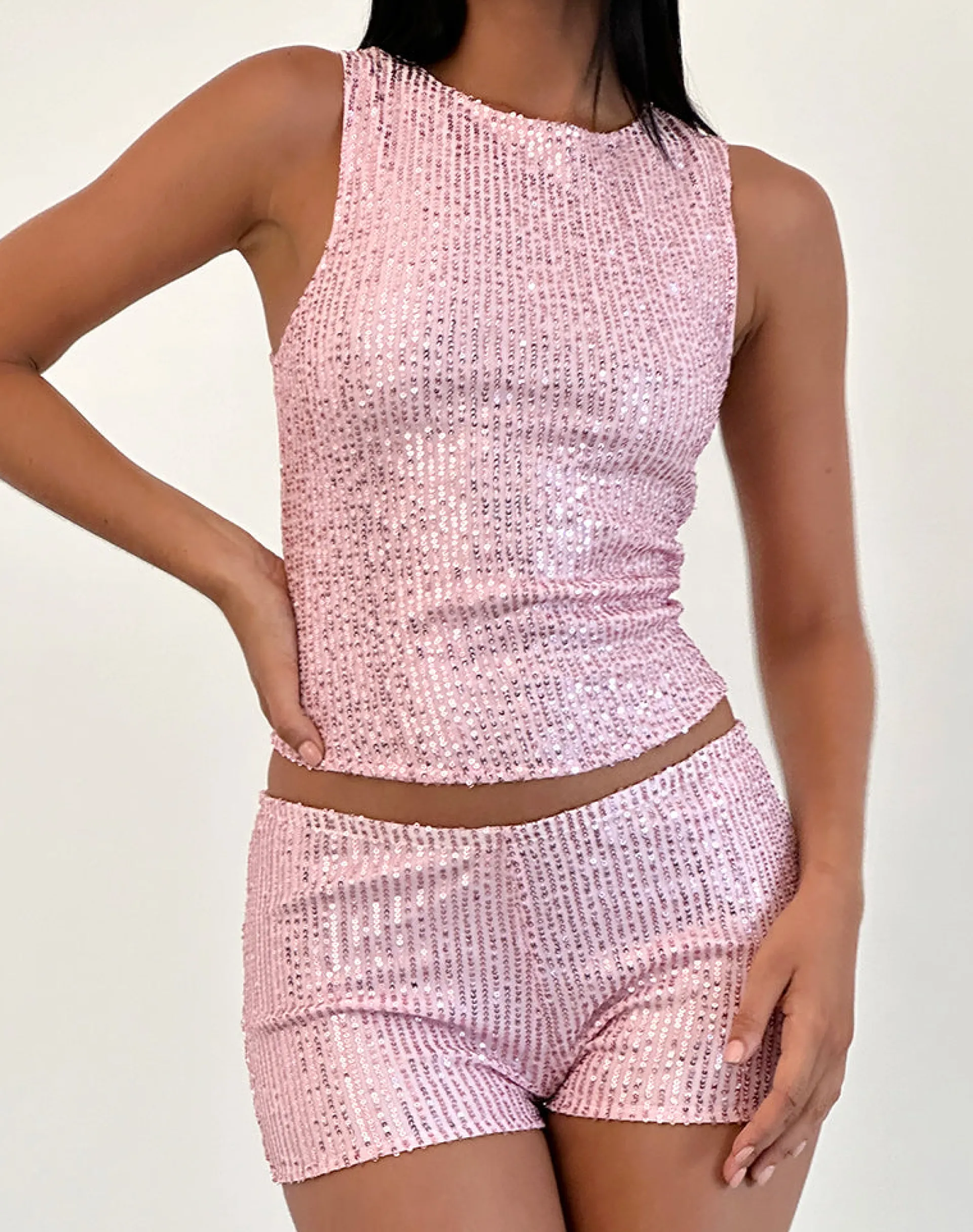 Motel Rocks Co-Ords | Vest Tops-Hala Vest Top in Pink Mini Sequin PinkMiniSequin