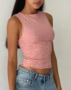 Motel Rocks Vest Tops | Printed Tops-Hala Vest Top in Pink with Rose Gold Foil PinkwithRoseGoldFoil