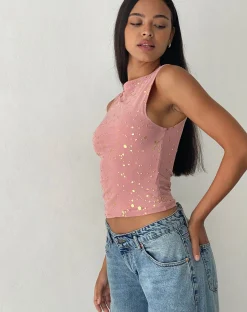 Motel Rocks Vest Tops | Printed Tops-Hala Vest Top in Pink with Rose Gold Foil PinkwithRoseGoldFoil