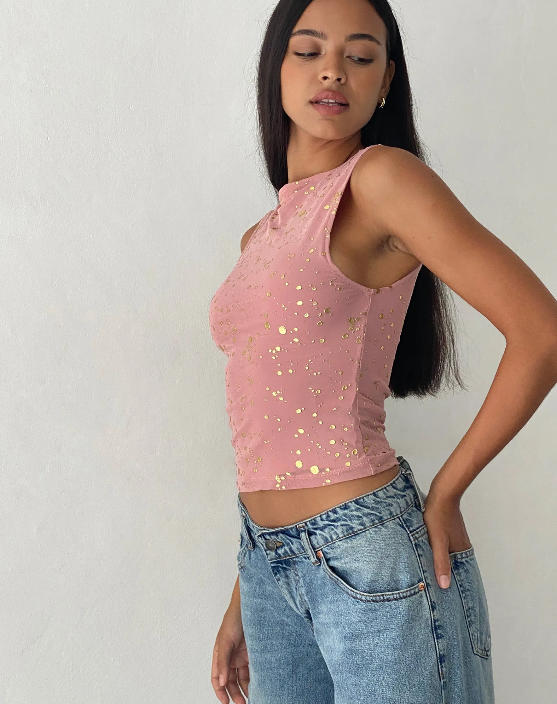 Motel Rocks Vest Tops | Printed Tops-Hala Vest Top in Pink with Rose Gold Foil PinkwithRoseGoldFoil