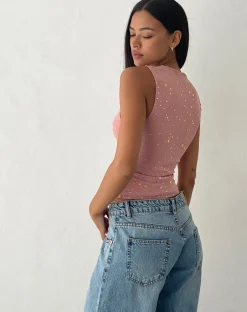 Motel Rocks Vest Tops | Printed Tops-Hala Vest Top in Pink with Rose Gold Foil PinkwithRoseGoldFoil