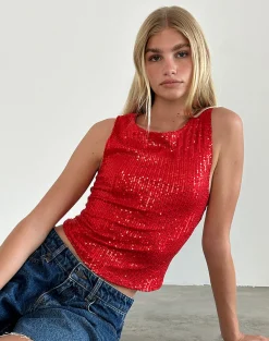 Motel Rocks Co-Ords | Vest Tops-Hala Vest Top in Red Drape Mini Sequin