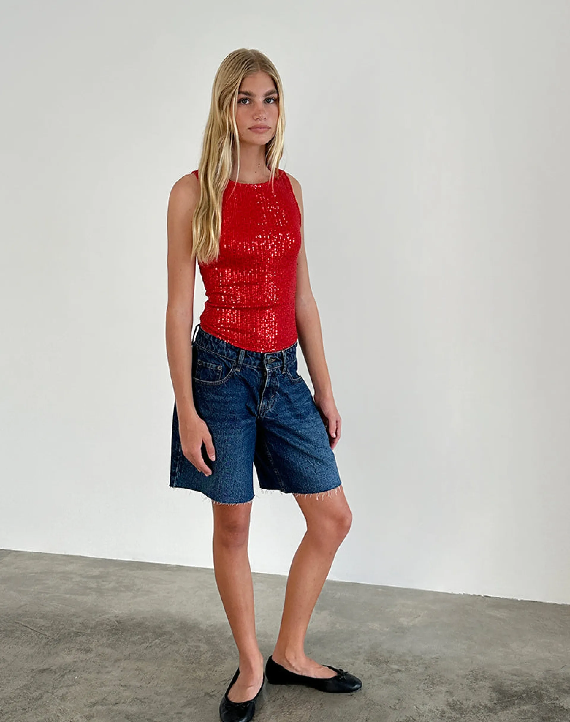 Motel Rocks Co-Ords | Vest Tops-Hala Vest Top in Red Drape Mini Sequin