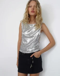 Motel Rocks Vest Tops | Sequin Tops-Hala Vest Top in Silver Chrome SilverChrome