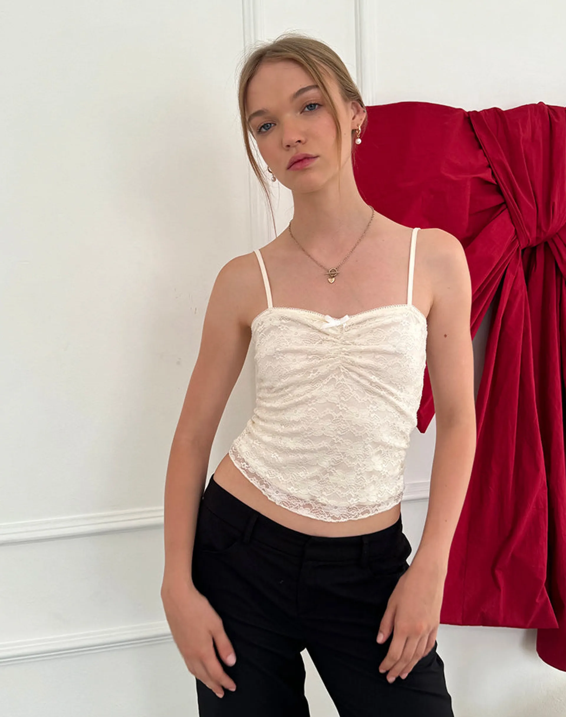 Motel Rocks Basic Tops | Strappy Tops-Hali Cami Top in Ivory Orchid Lace IvoryOrchidLace