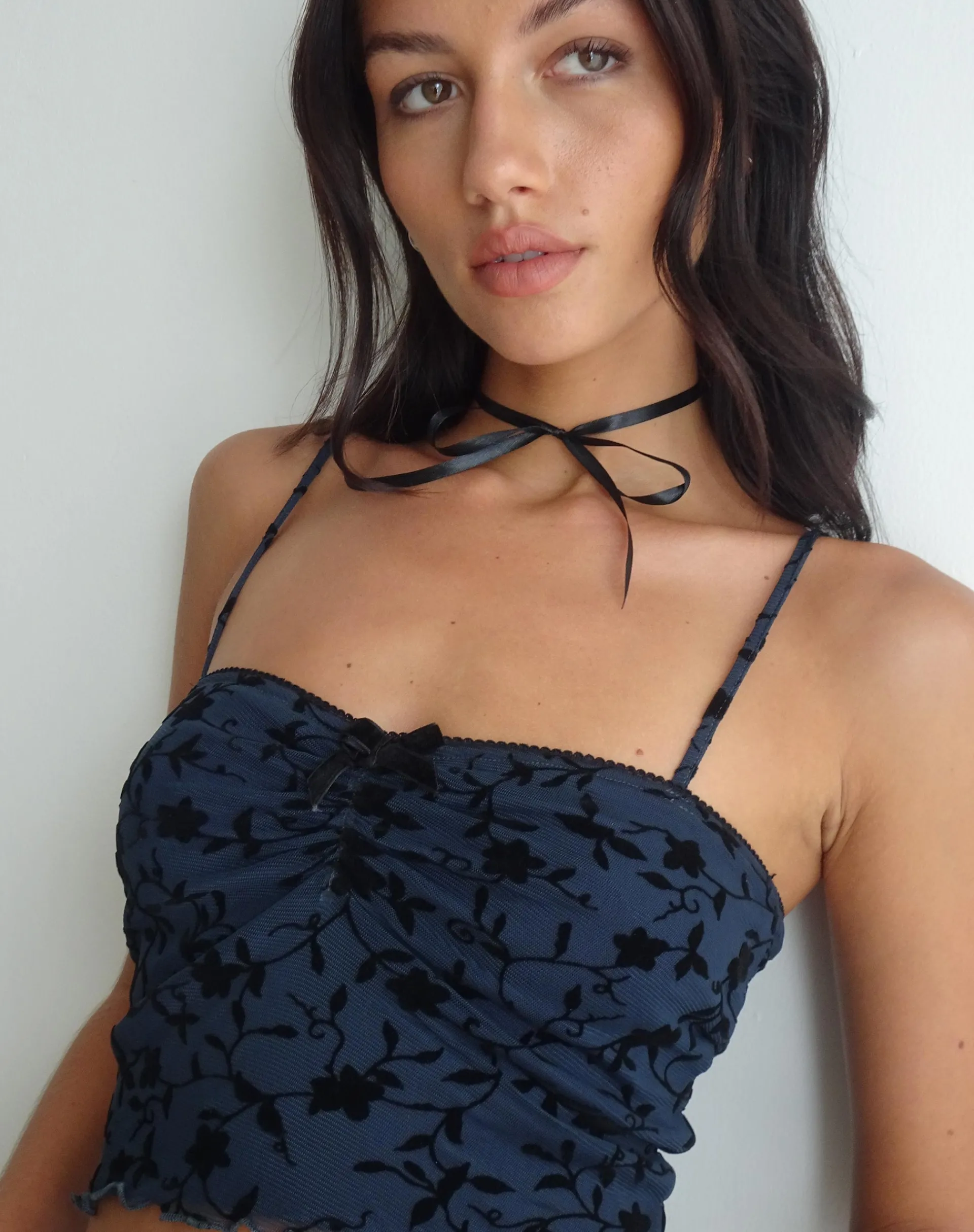 Motel Rocks Printed Tops-Halusi Crop Top in Pretty Petal Flock Black PrettyPetalFlockBlack