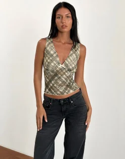 Motel Rocks Printed Tops-Hampura Top in Printed Retro Plaid Lace