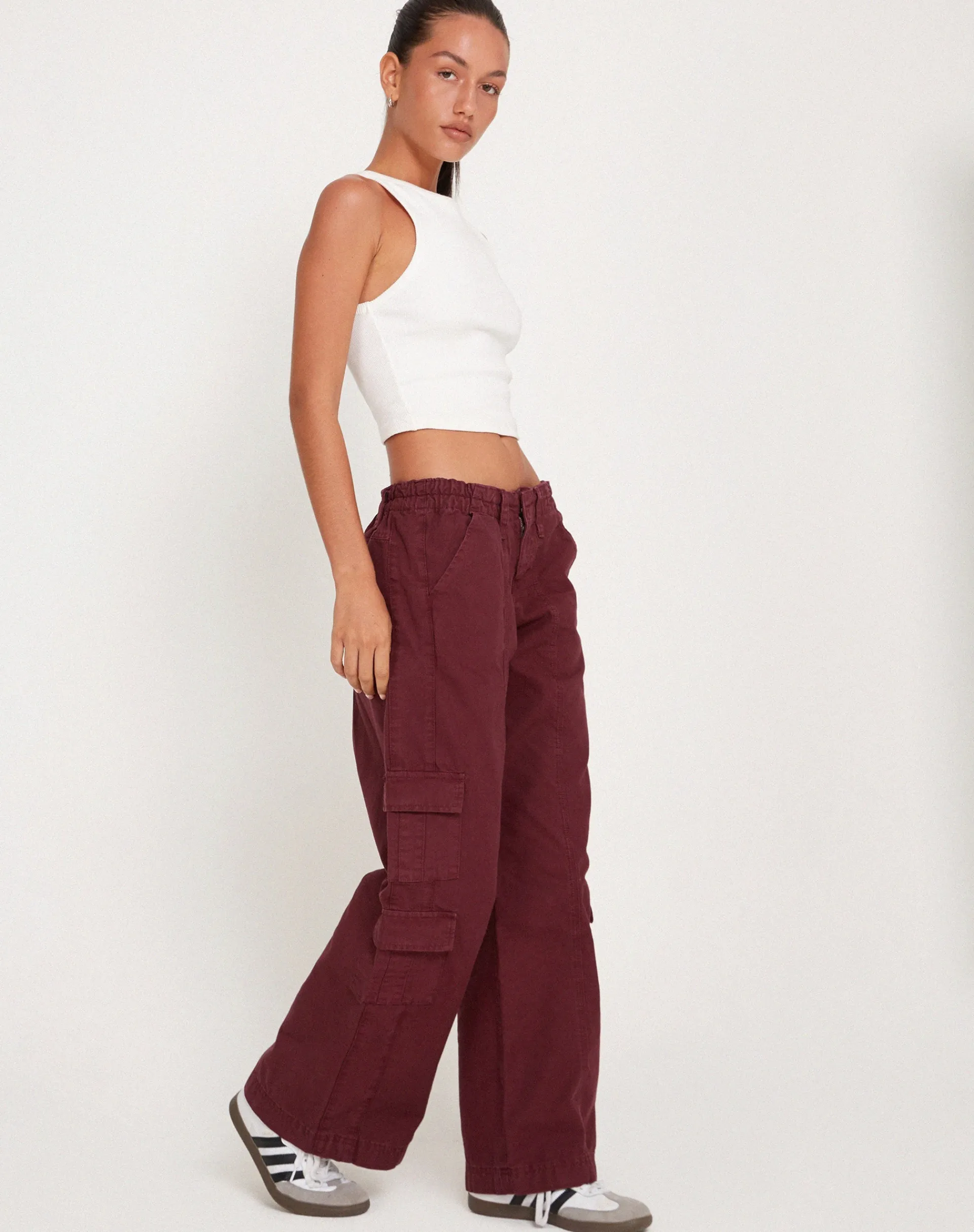 Motel Rocks Wide Leg Pants-Hansa Cargo Trouser in Burgundy