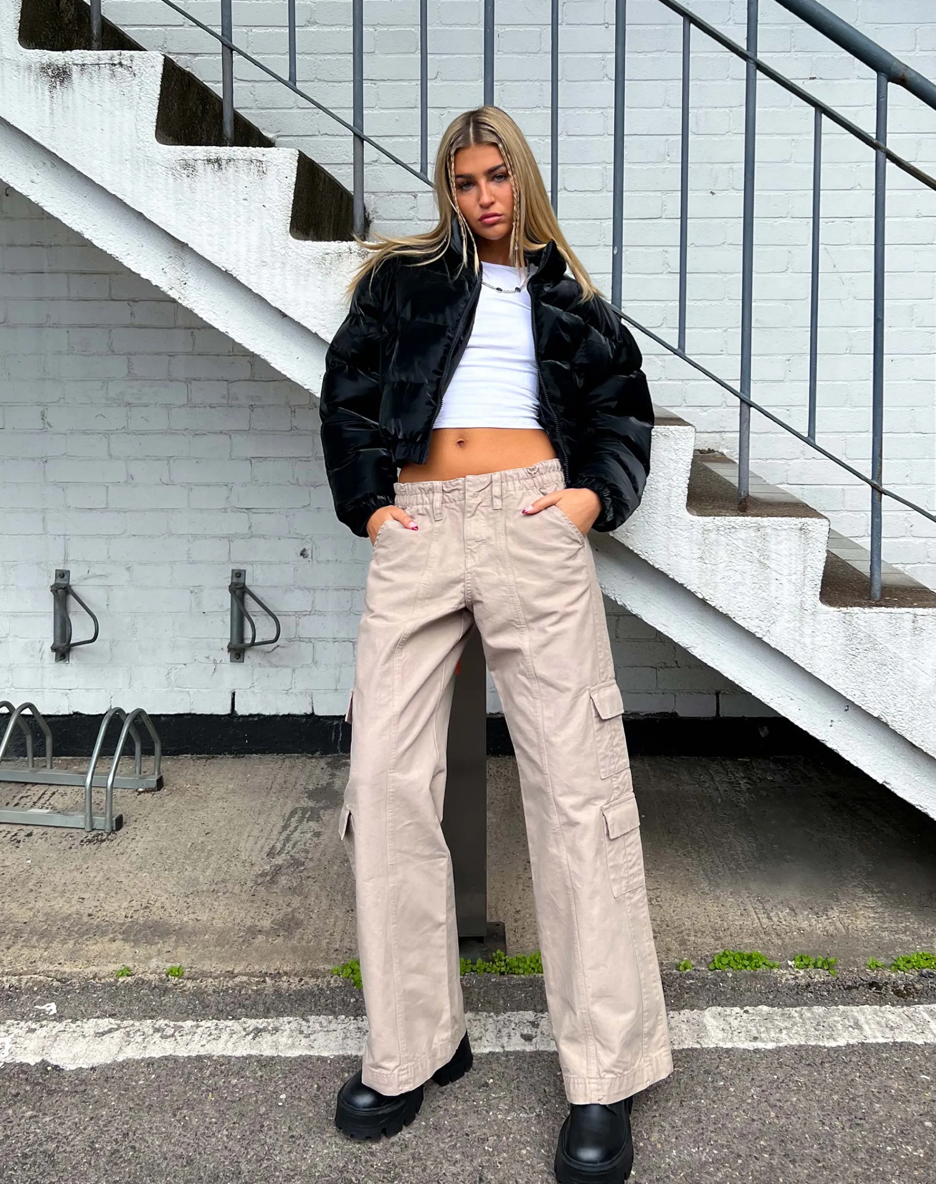 Motel Rocks Wide Leg Pants-Hansa Cargo Trouser in Stone