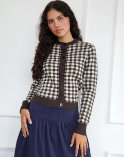 Motel Rocks Cardigans-Hanudia Cardi in Gingham Brown