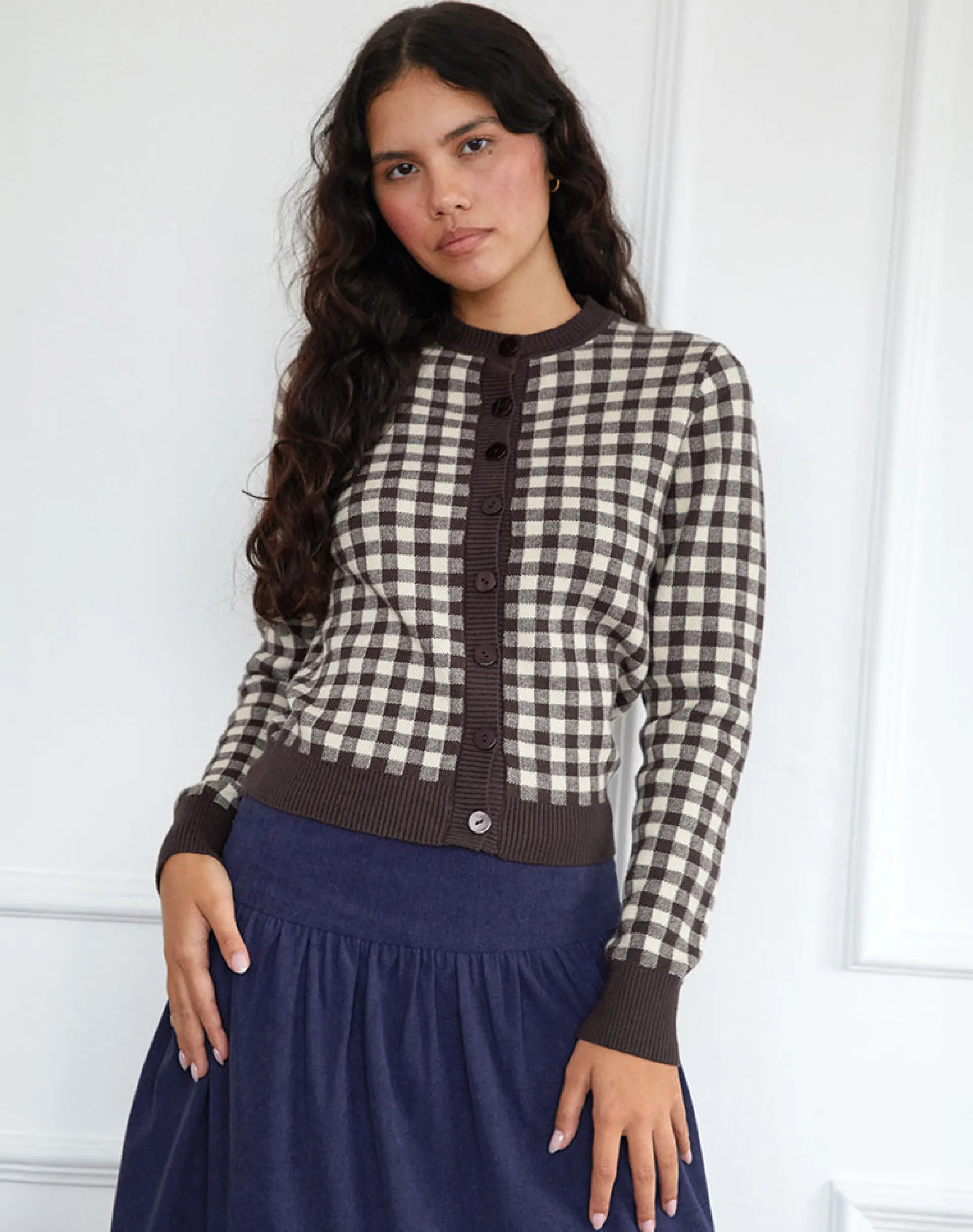 Motel Rocks Cardigans-Hanudia Cardi in Gingham Brown