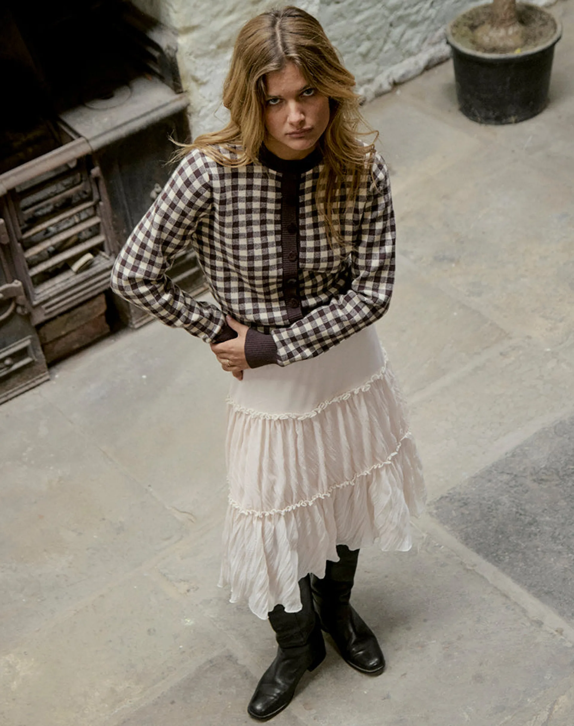 Motel Rocks Cardigans-Hanudia Cardi in Gingham Brown