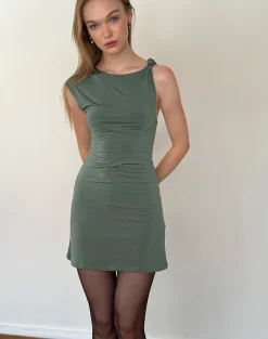 Motel Rocks Party Dresses | Mini Dresses-Hape Twist Shoulder Mini Dress in Smooth Slinky Khaki