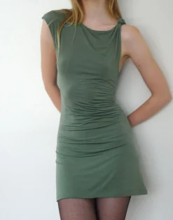 Motel Rocks Party Dresses | Mini Dresses-Hape Twist Shoulder Mini Dress in Smooth Slinky Khaki