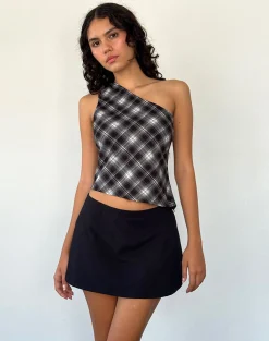 Motel Rocks Printed Tops | Going Out Tops-Harini One Shoulder Top in Black White Check