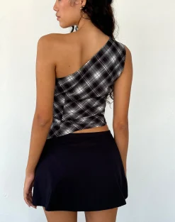 Motel Rocks Printed Tops | Going Out Tops-Harini One Shoulder Top in Black White Check