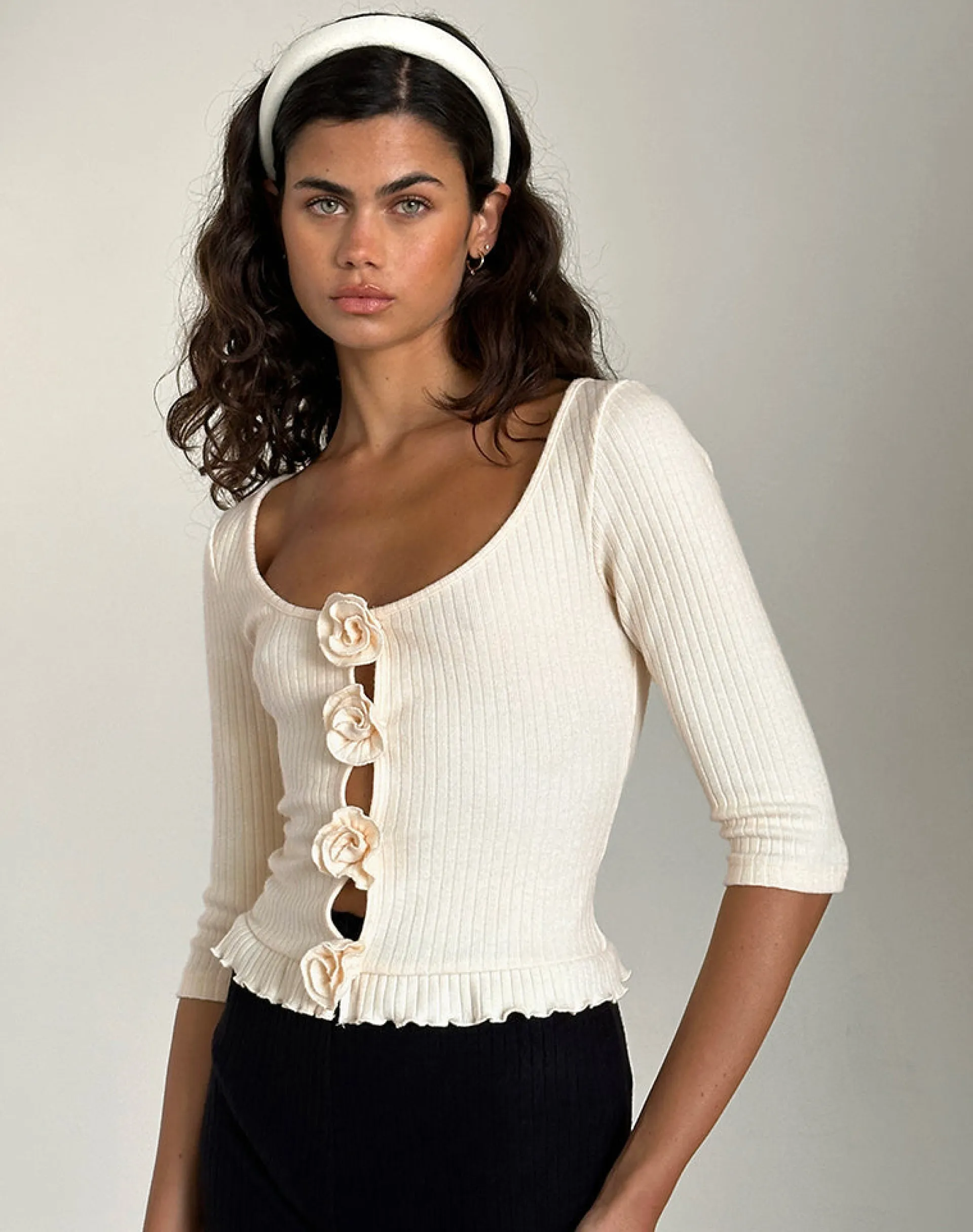 Motel Rocks Long Sleeve Tops-Harpan Rosette Top in Ivory