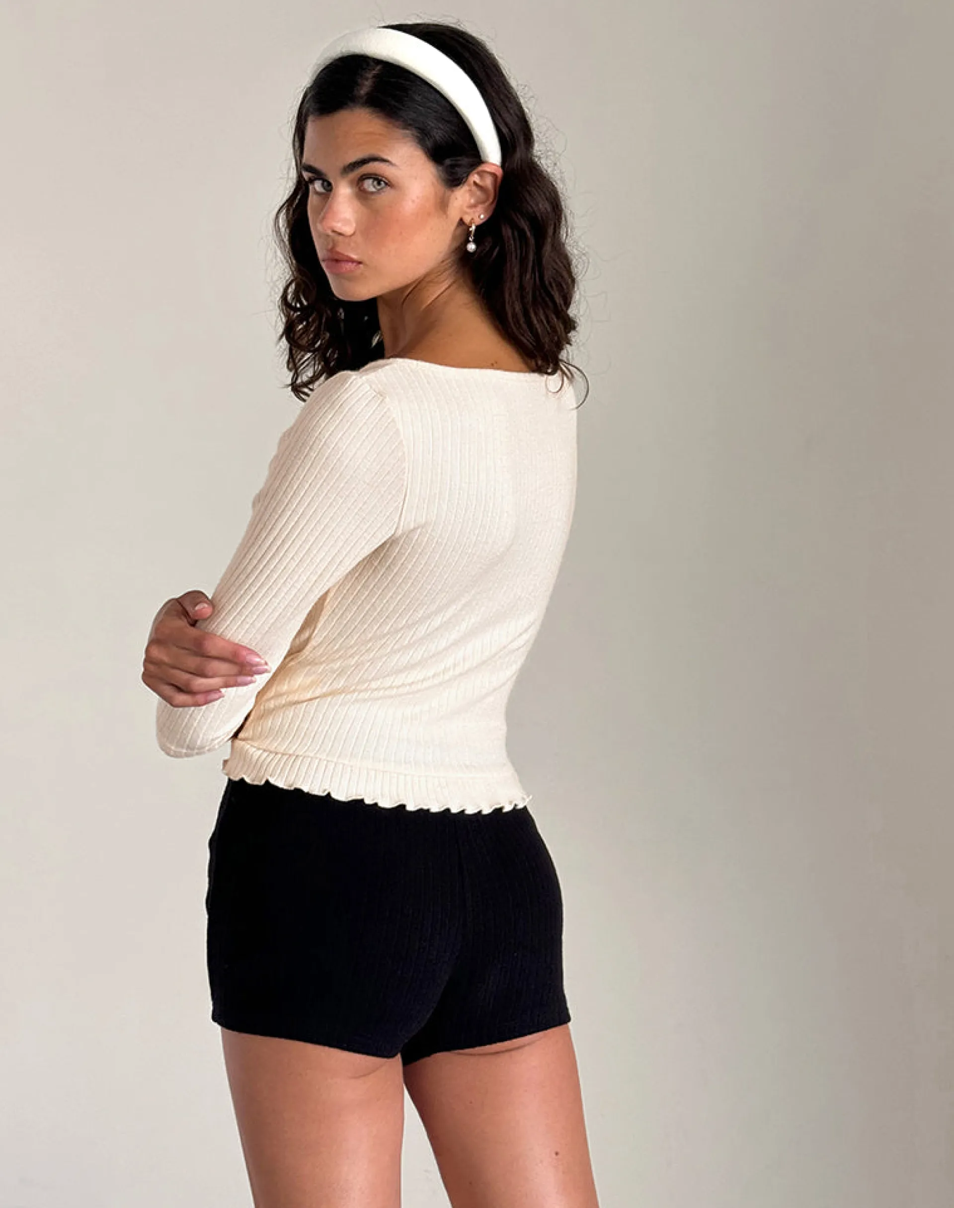 Motel Rocks Long Sleeve Tops-Harpan Rosette Top in Ivory