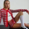 Motel Rocks Co-Ords | Cardigans-Henidar Cardigan in Red and Grey Stripe with Cherry Emb