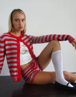 Motel Rocks Co-Ords | Cardigans-Henidar Cardigan in Red and Grey Stripe with Cherry Emb