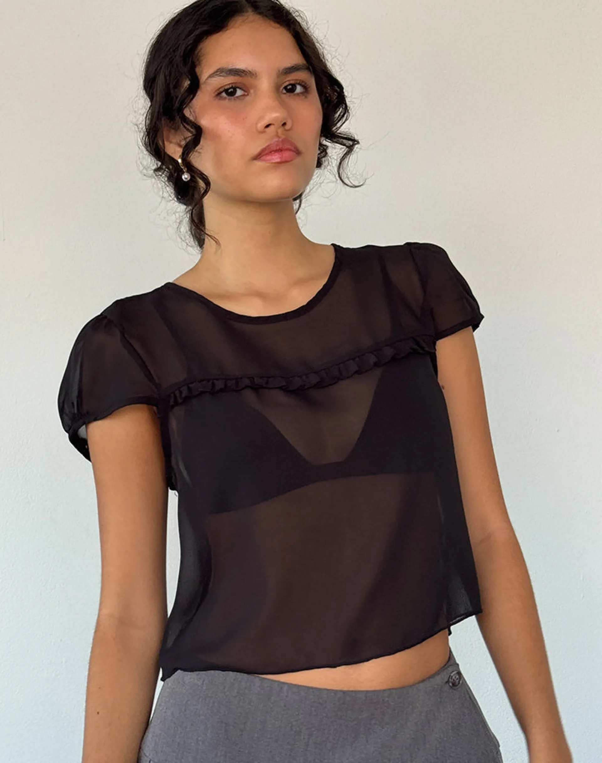 Motel Rocks Shirts And Blouses | Going Out Tops-Henrietta Frill Blouse in Black Chiffon