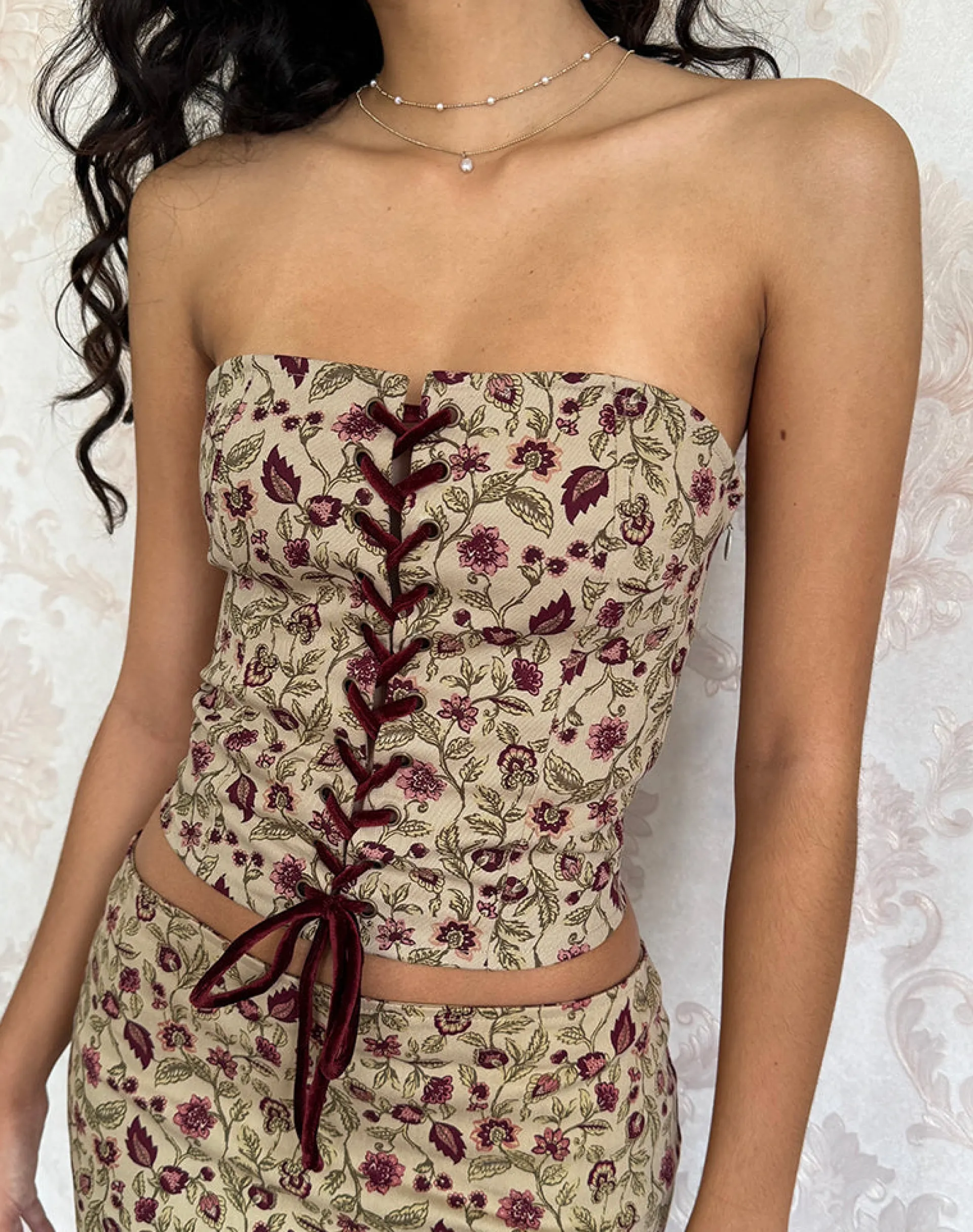 Motel Rocks Co-Ords | Printed Tops-Heska Corset Top in Botanical Taupe BotanicalTaupe