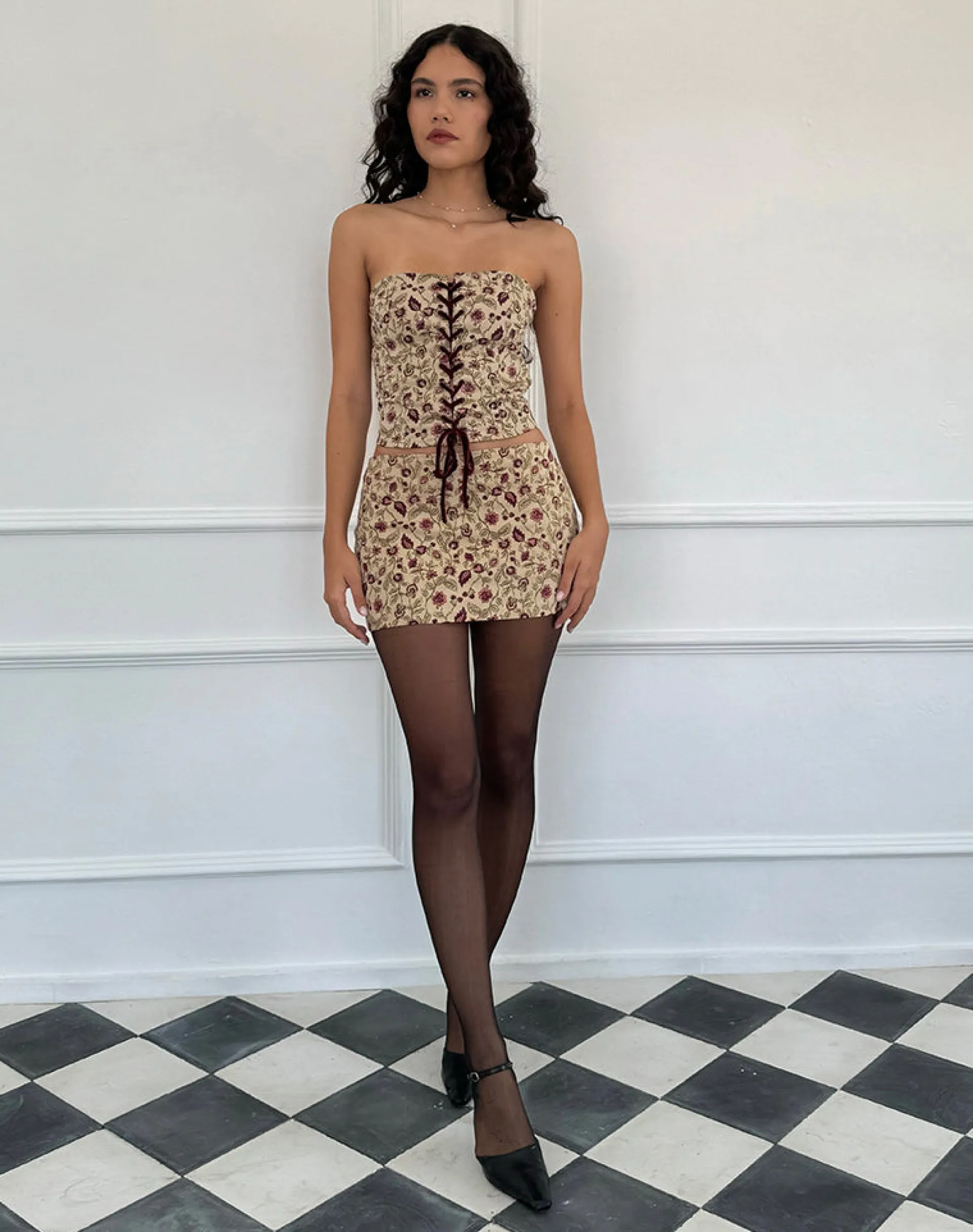 Motel Rocks Co-Ords | Printed Tops-Heska Corset Top in Botanical Taupe BotanicalTaupe