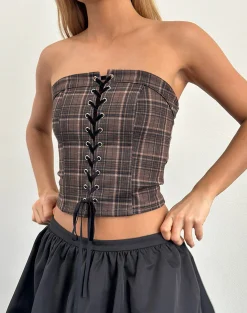 Motel Rocks Corset Tops | Bandeau Tops-Heska Lace Front Corset Top in Brown Check BrownCheck