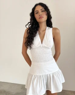 Motel Rocks Co-Ords-Hevalis Plunge Shirred Top in Poplin White PoplinWhite