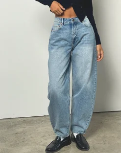 Motel Rocks Wide Leg Pants | Jeans-High Rise Barrel Jean in Bleu