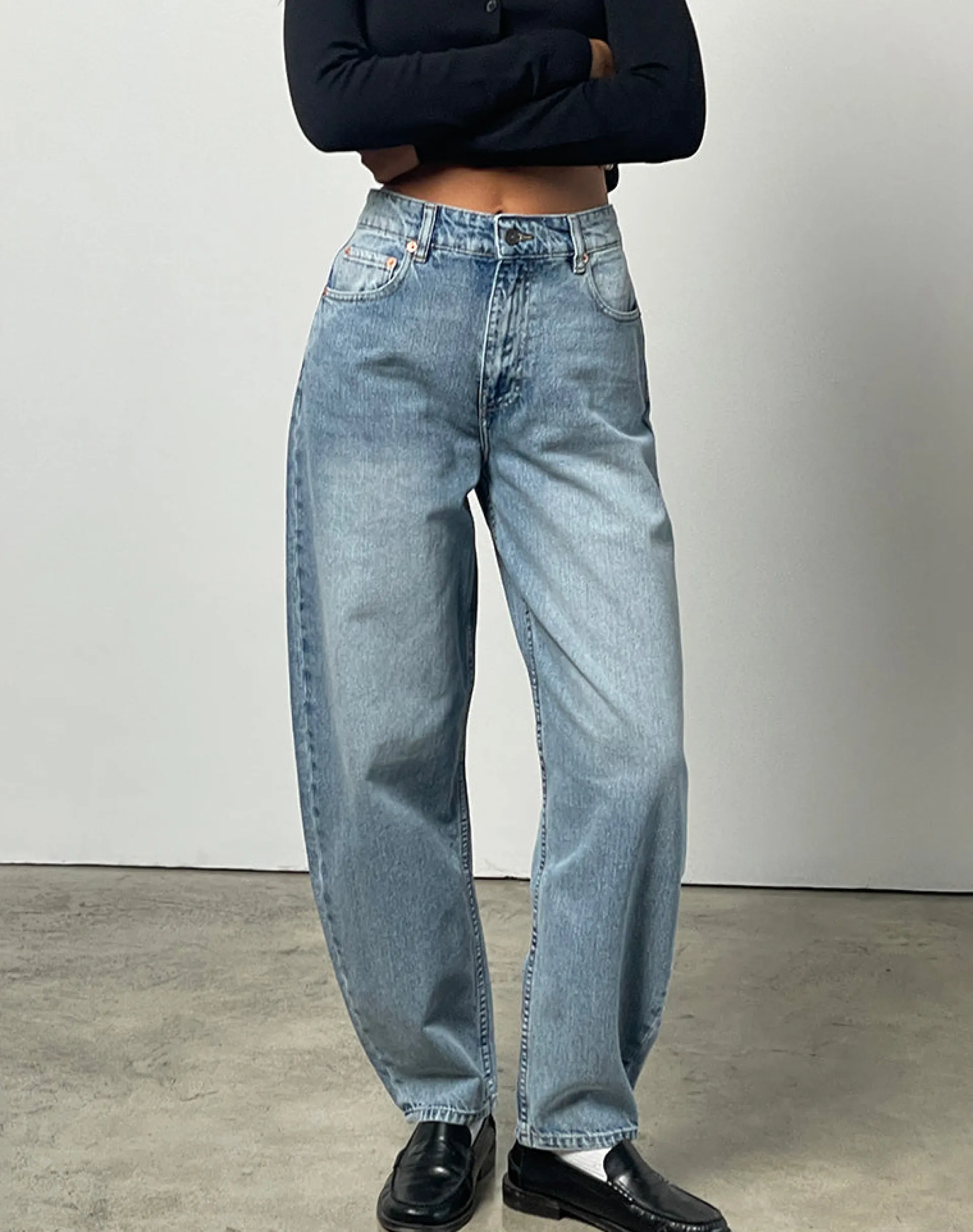 Motel Rocks Wide Leg Pants | Jeans-High Rise Barrel Jean in Bleu