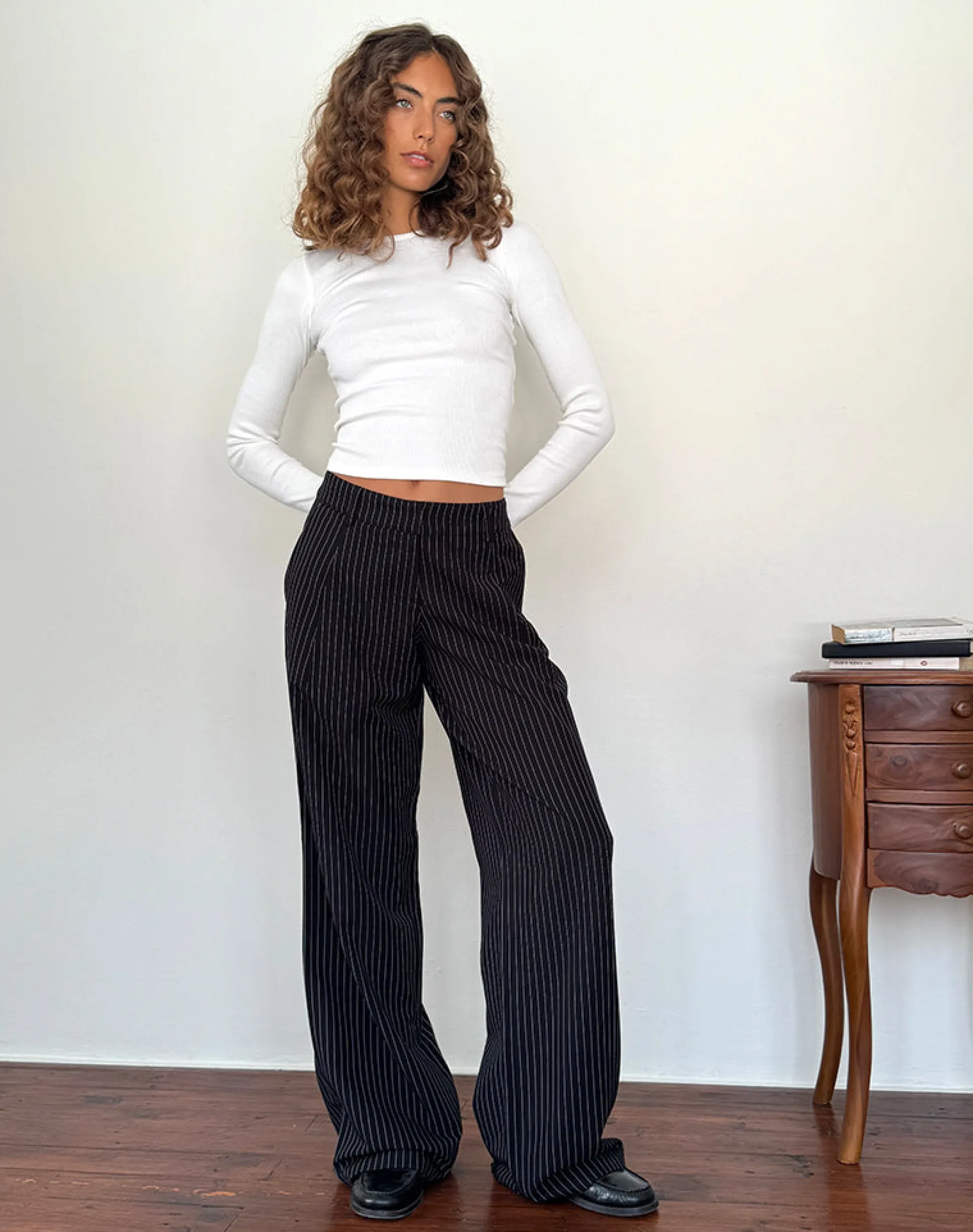Motel Rocks Wide Leg Pants | Low Rise Pants-Hondra Trousers in Pinstripe Black PinstripeBlack