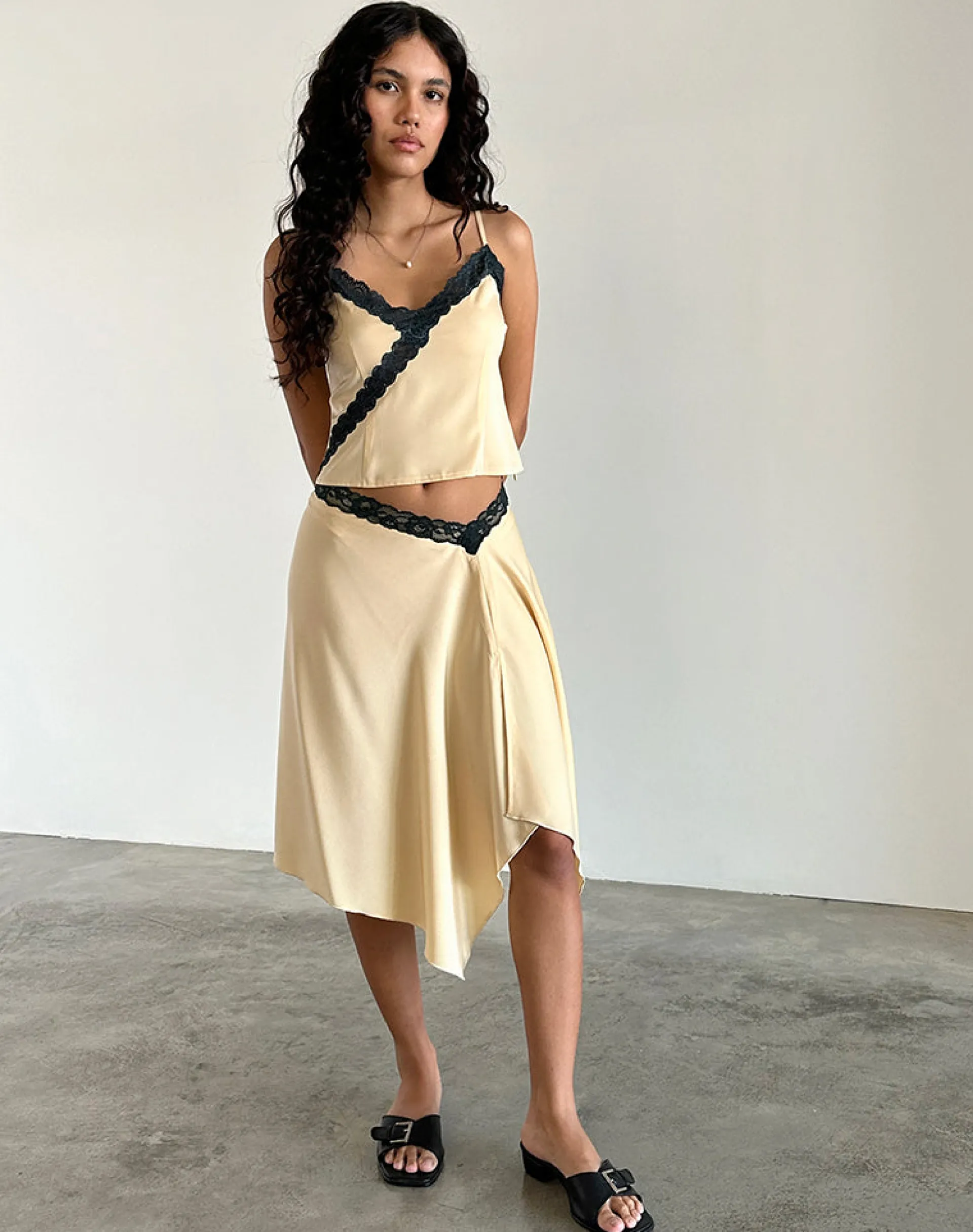 Motel Rocks Co-Ords | A Line Skirts-Houda Midi Skirt in Buttermilk with Grey Lace