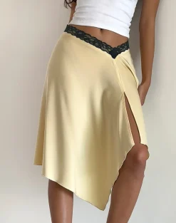 Motel Rocks Co-Ords | A Line Skirts-Houda Midi Skirt in Buttermilk with Grey Lace