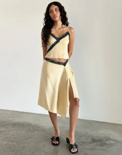Motel Rocks Co-Ords | A Line Skirts-Houda Midi Skirt in Buttermilk with Grey Lace