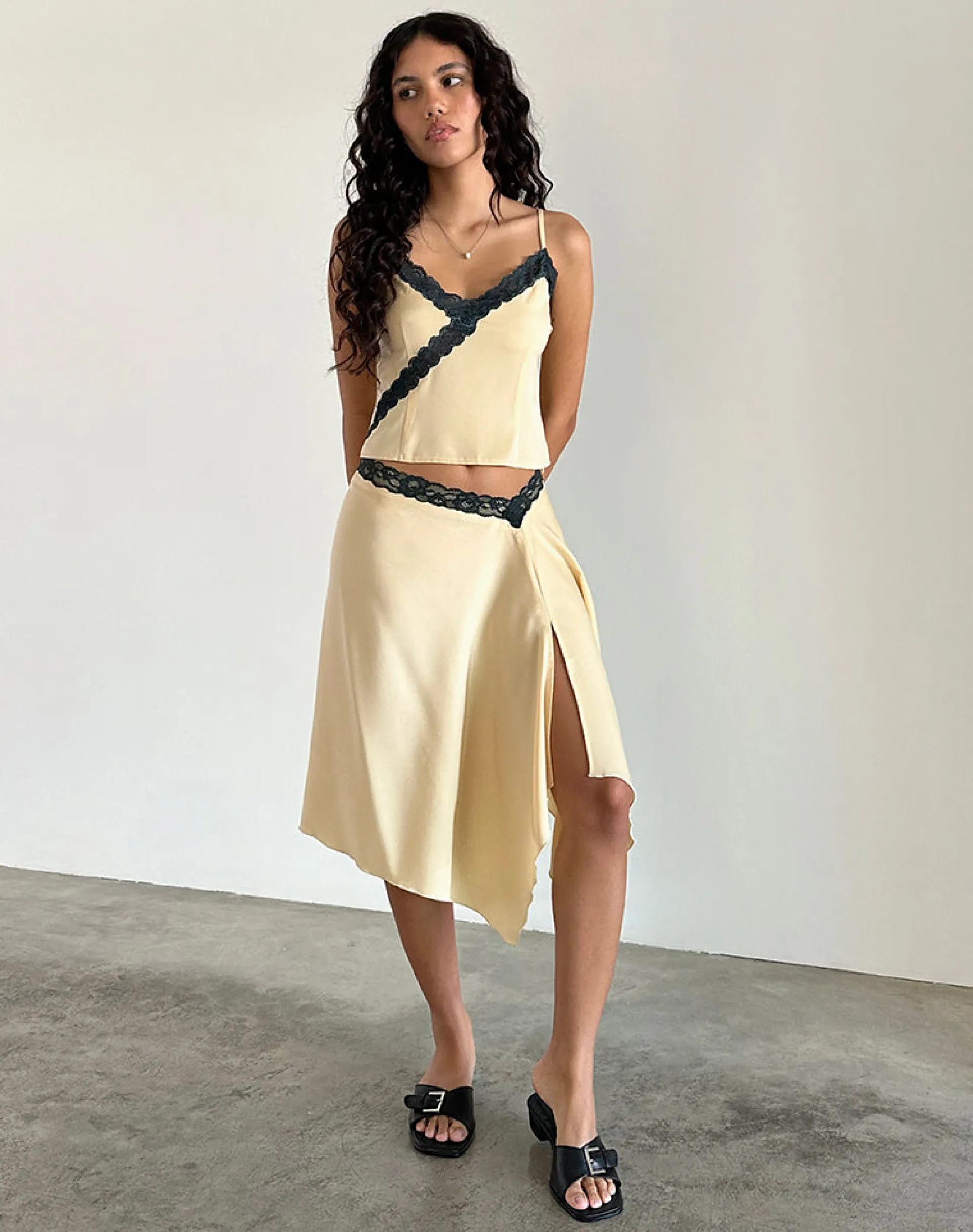 Motel Rocks Co-Ords | A Line Skirts-Houda Midi Skirt in Buttermilk with Grey Lace