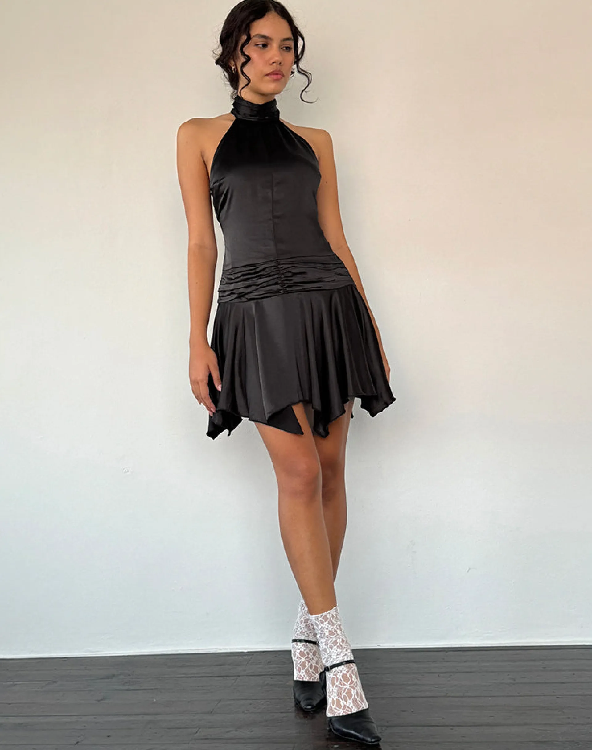 Motel Rocks Party Dresses | Mini Dresses-Hydri Satin Halterneck Mini Dress in Black